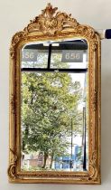 OVERMANTEL MIRROR, French style gilded with arched bevelled mirror plate and foliate crest and