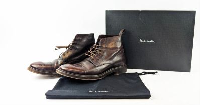 PAUL SMITH MEN'S BOOTS, brown leather, made in Italy, stitched toe caps, grosgrain heel pulls, EU