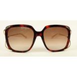 GUCCI SUNGLASSES, square form, brown/gold with red and cream details, complete with case and pouch.