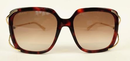GUCCI SUNGLASSES, square form, brown/gold with red and cream details, complete with case and pouch.