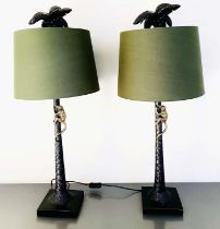 TABLE LAMPS, a pair, 84cm high x 36cm diameter, with shades, palm tree bases with climbing monkey