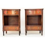 BEDSIDE/LAMP TABLES, a pair, George III design flame mahogany and crossbanded, each concave with two