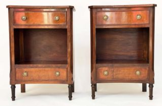 BEDSIDE/LAMP TABLES, a pair, George III design flame mahogany and crossbanded, each concave with two