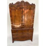 LINEN PRESS, Regency flame mahogany, scroll cornice above two panelled doors (original slide