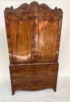 LINEN PRESS, Regency flame mahogany, scroll cornice above two panelled doors (original slide