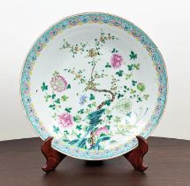 CHARGER, Chinese famille rose with hardwood stand, 41cm x 41cm.