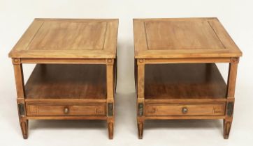 LAMP TABLES, an American pair, Directoire style walnut and silvered metal mounted each with two