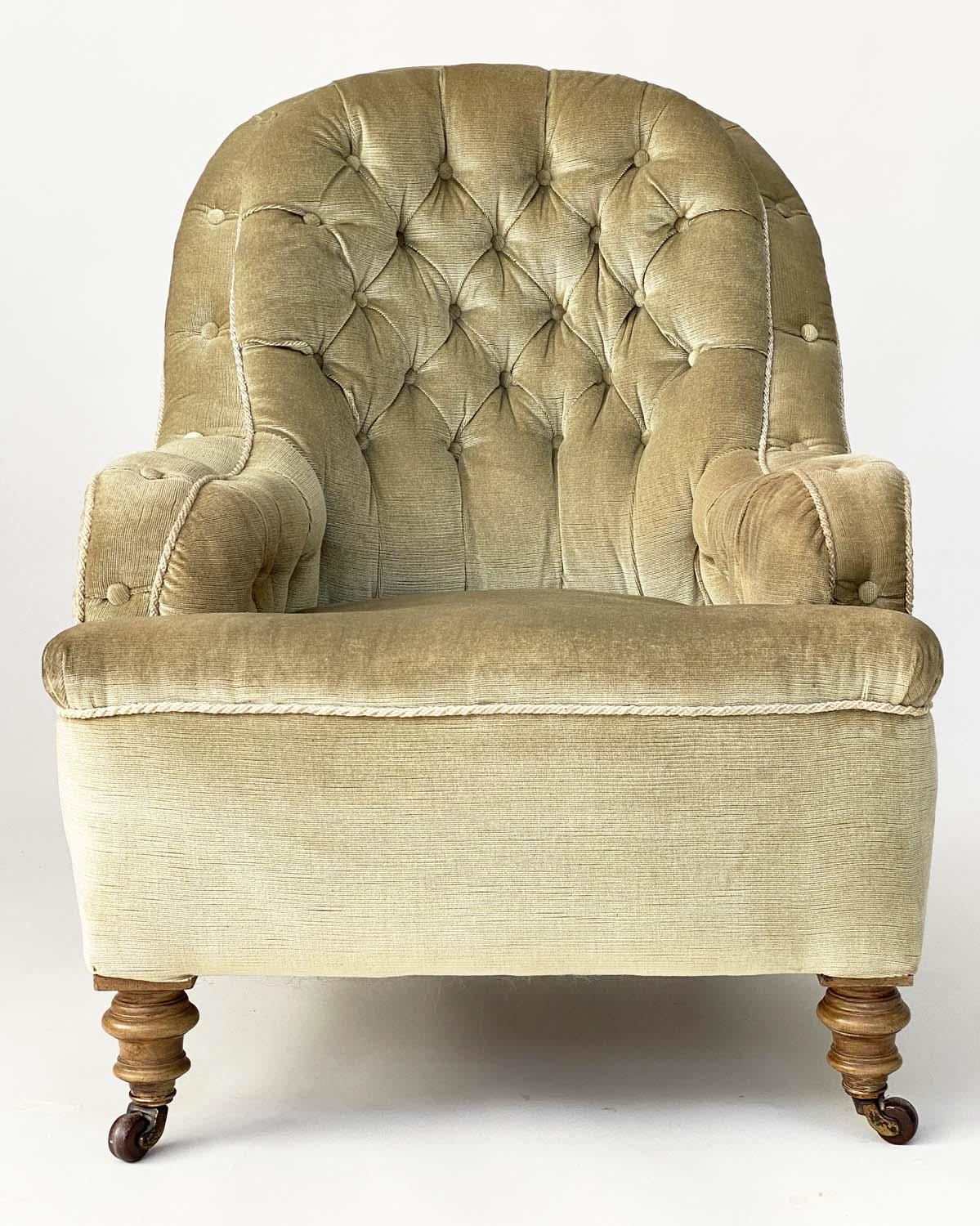 ARMCHAIR, corded and buttoned velvet with arched back and turned front supports, 67cm W. - Image 5 of 8