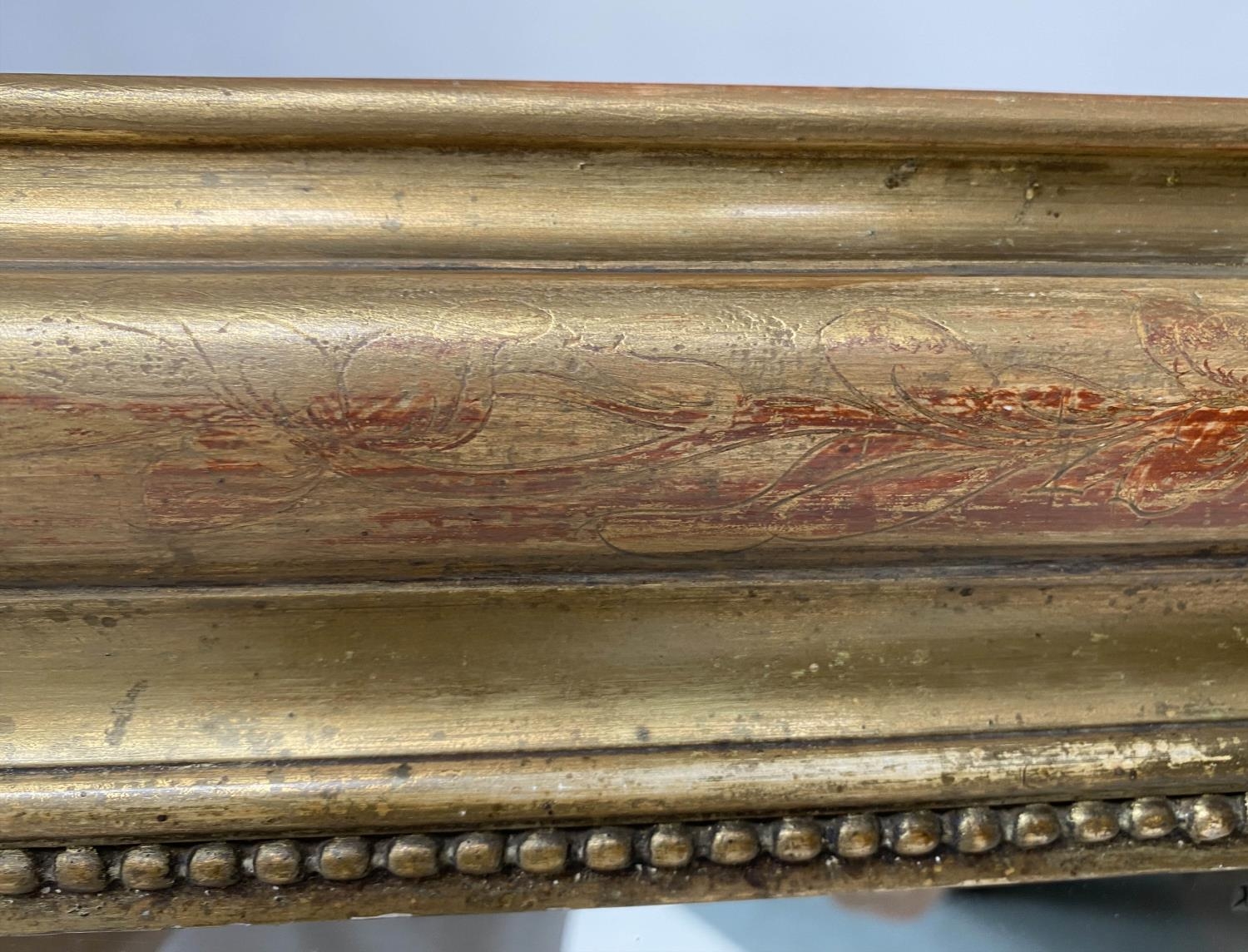 OVERMANTEL, 19th century French giltwood and gesso with arched beaded and incised frame, 74cm W x - Image 6 of 8