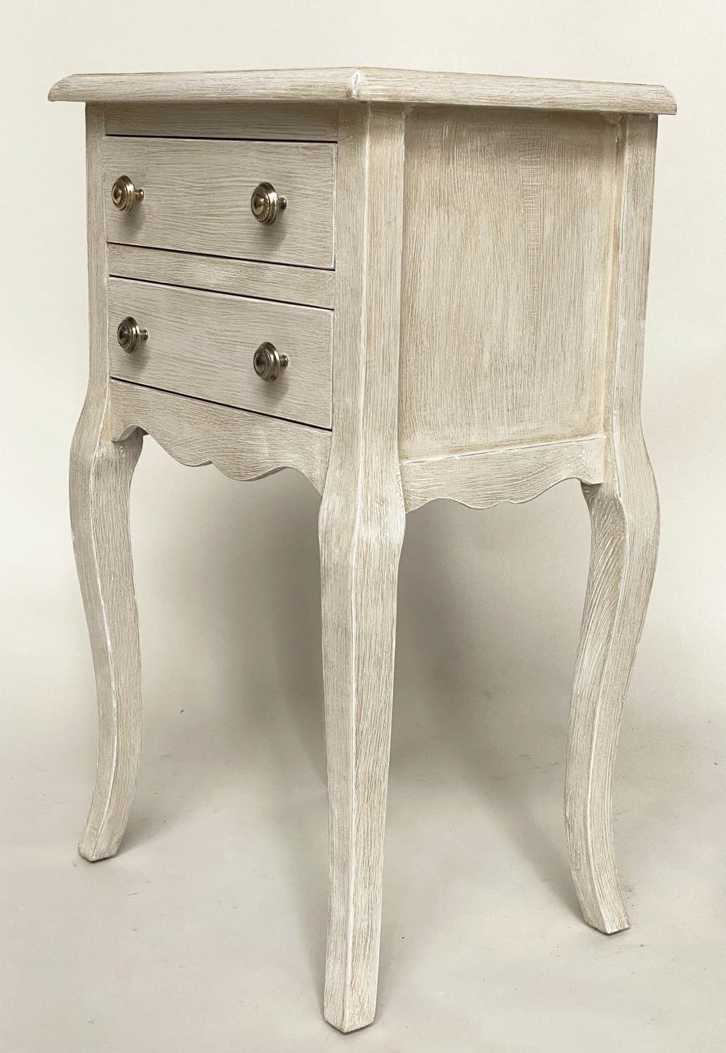 BEDSIDE/LAMP TABLES, a pair, French Louis XV style traditionally grey painted each with two drawers, - Image 2 of 11