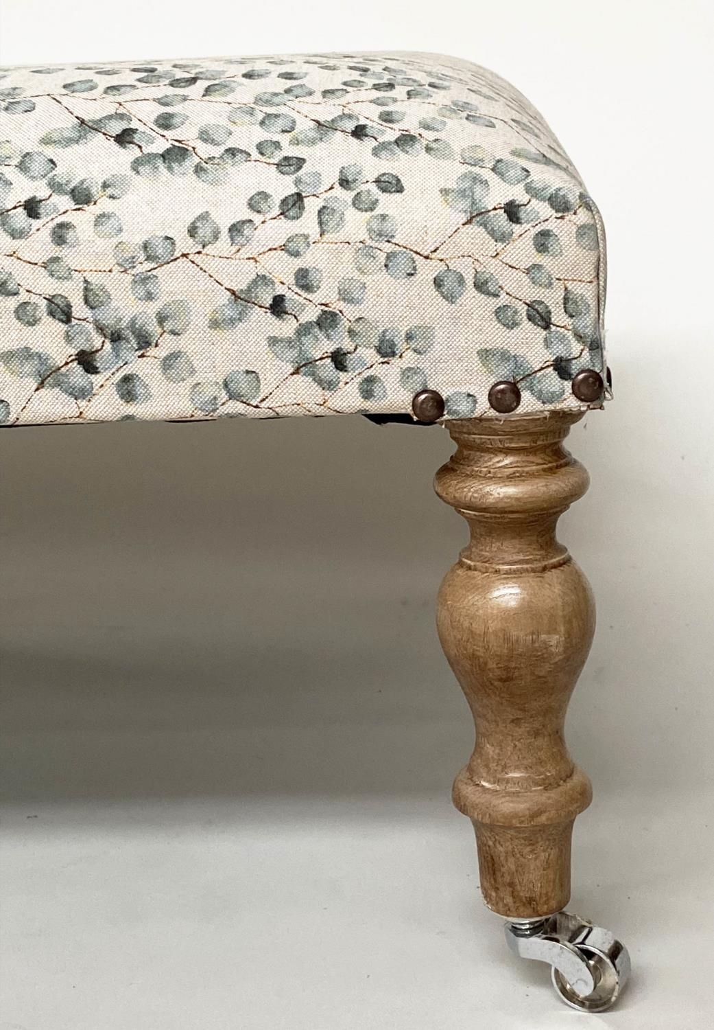 HEARTH STOOL, country house style rectangular eucalyptus printed linen upholstered and turned - Image 2 of 8