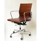REVOLVING DESK CHAIR, Charles and Ray Eames inspired with ribbed mid brown leather seat revolving