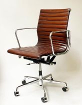 REVOLVING DESK CHAIR, Charles and Ray Eames inspired with ribbed mid brown leather seat revolving