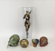 COLLECTION OF ASSORTED GLASSWARE, comprising two studio glass shells, two small vases, plus a semi
