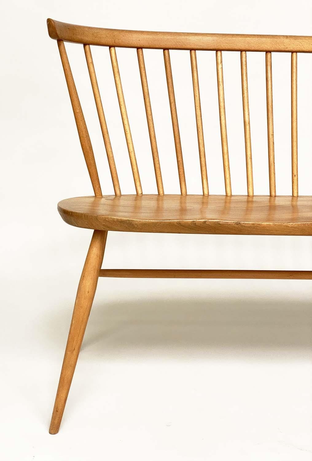 'ERCOL' HALL BENCH, 1970s beech and elm with slightly arched spindle-back attributed to 'Ercol', - Image 2 of 9