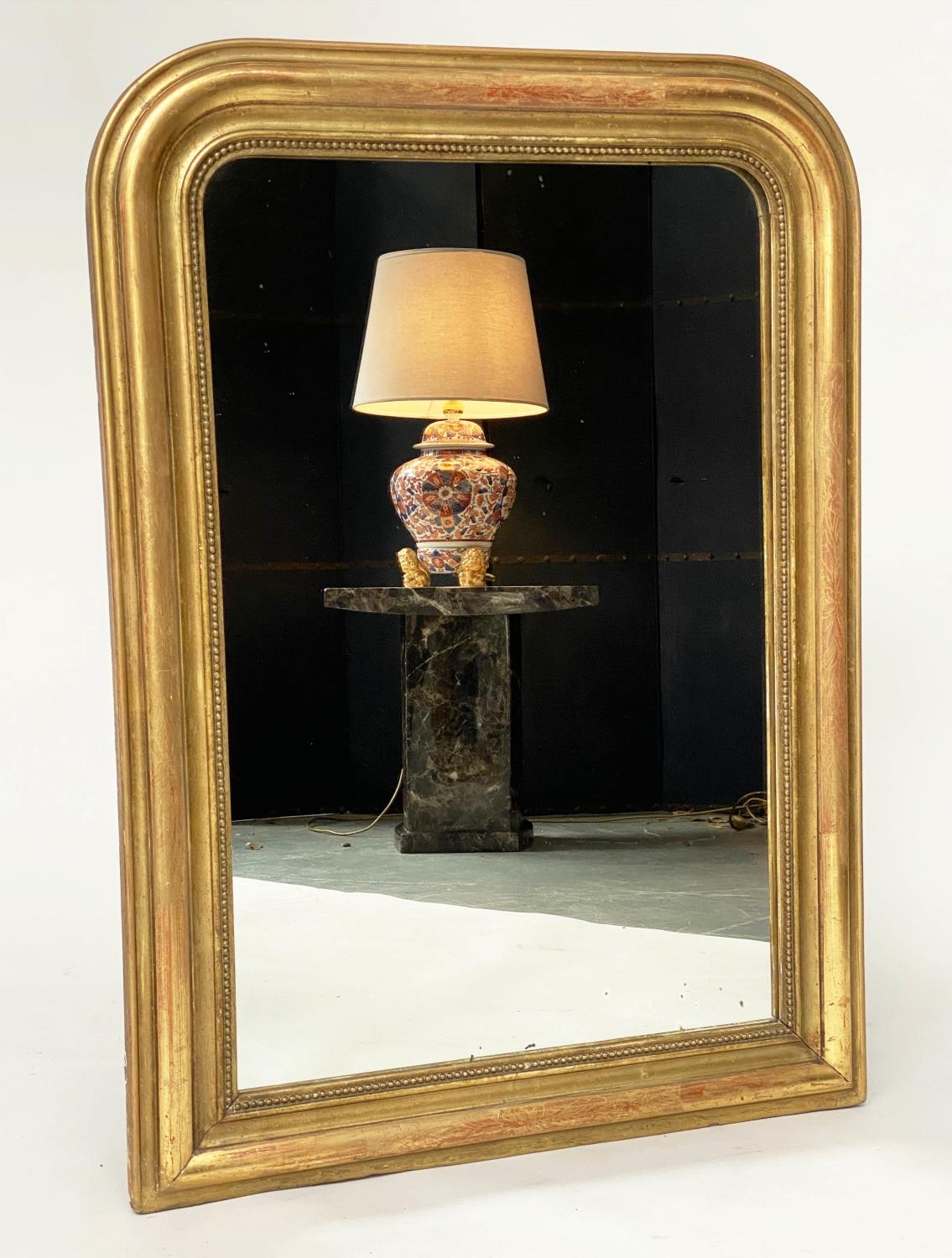 OVERMANTEL, 19th century French giltwood and gesso with arched beaded and incised frame, 74cm W x