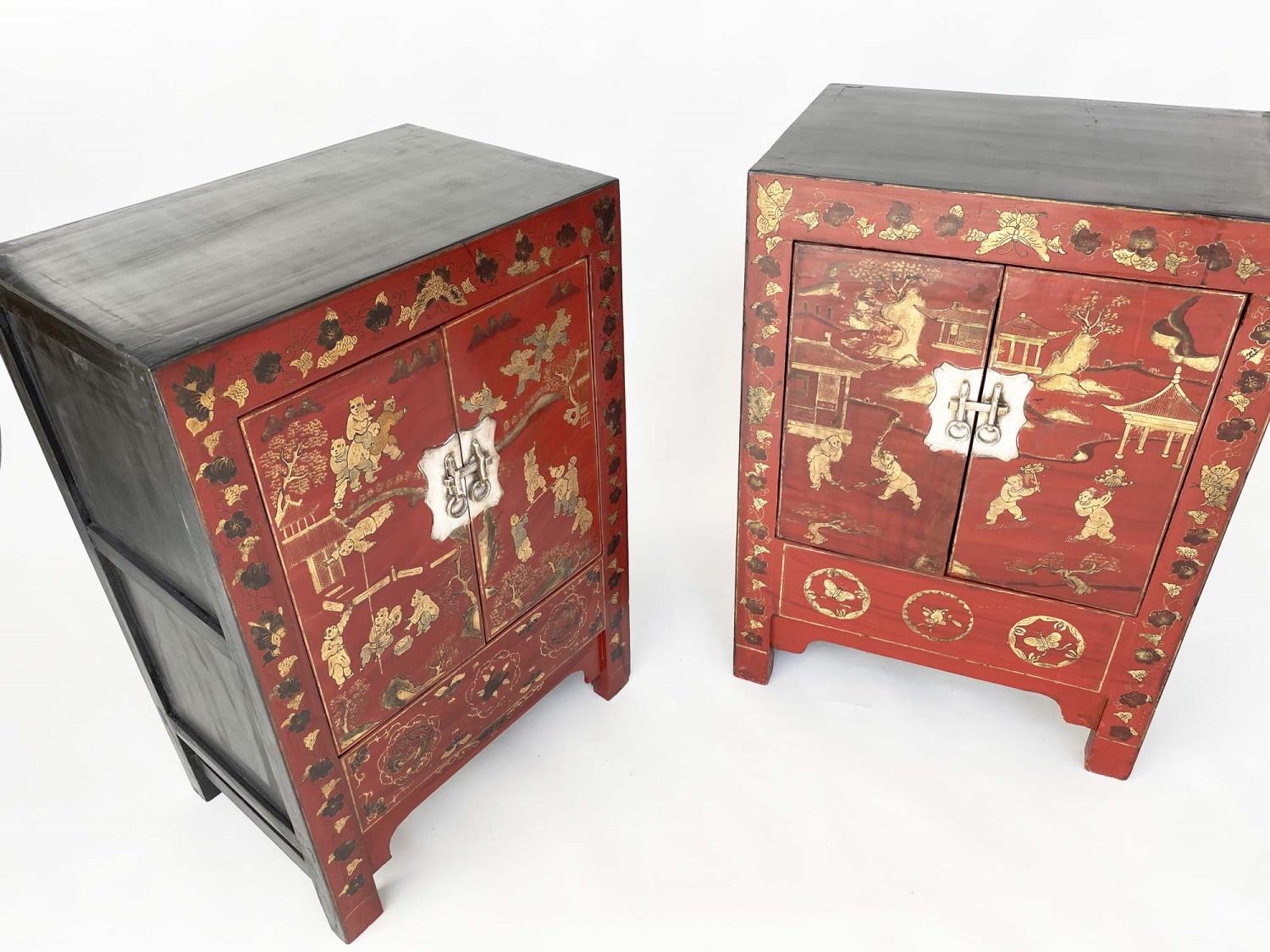 CHINESE CABINETS, a pair, early 20th century scarlet lacquered Chinoiserie gilt decorated and - Image 8 of 11