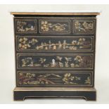 CHEST, George III style lacquered and gilt Chinoiserie decorated with three short above three long