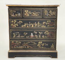 CHEST, George III style lacquered and gilt Chinoiserie decorated with three short above three long