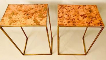 SIDE TABLES, a pair, 57cm high, 30cm wide, 25cm deep, coppered finish tops, gilt metal frames. (2)