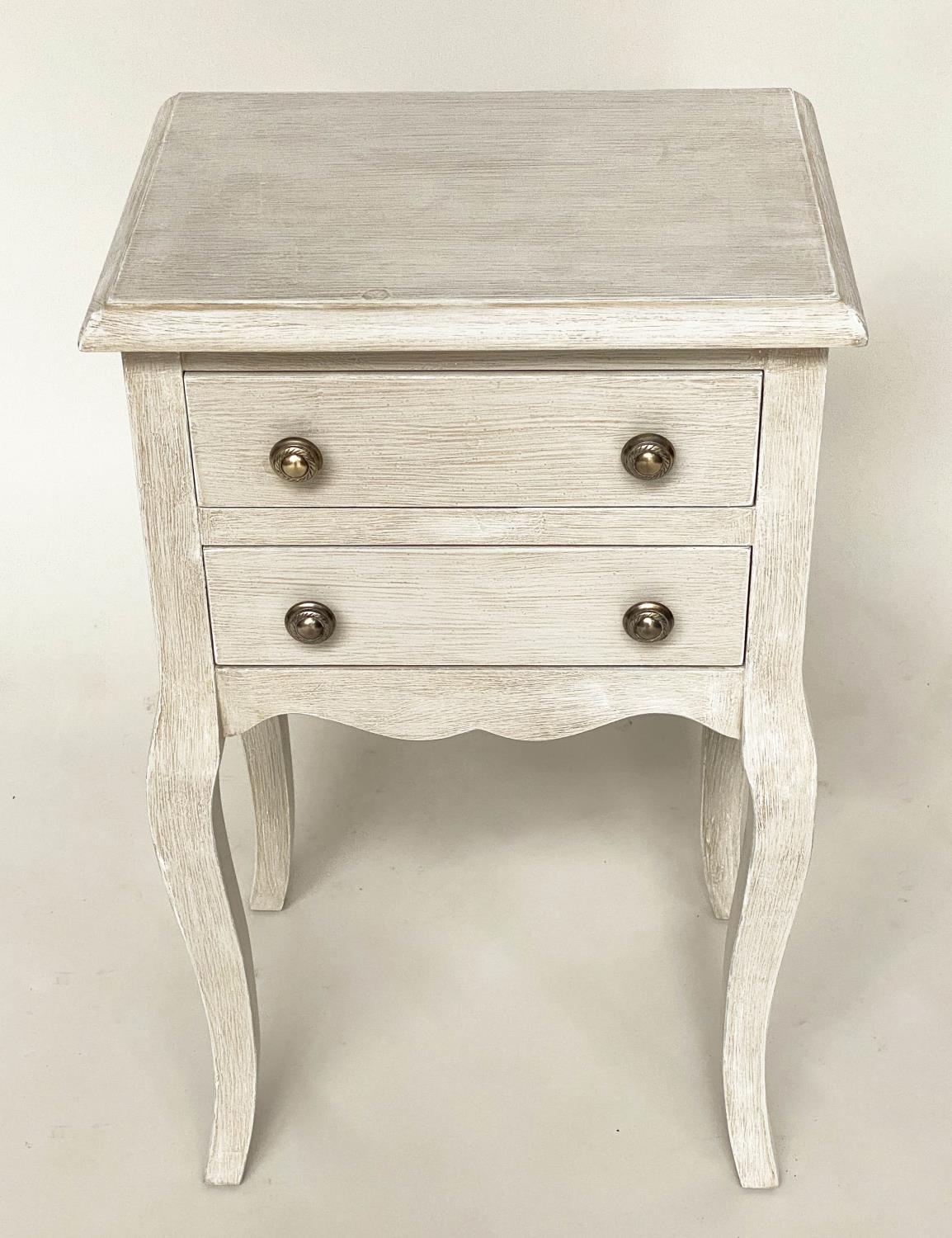 BEDSIDE/LAMP TABLES, a pair, French Louis XV style traditionally grey painted each with two drawers, - Image 6 of 11