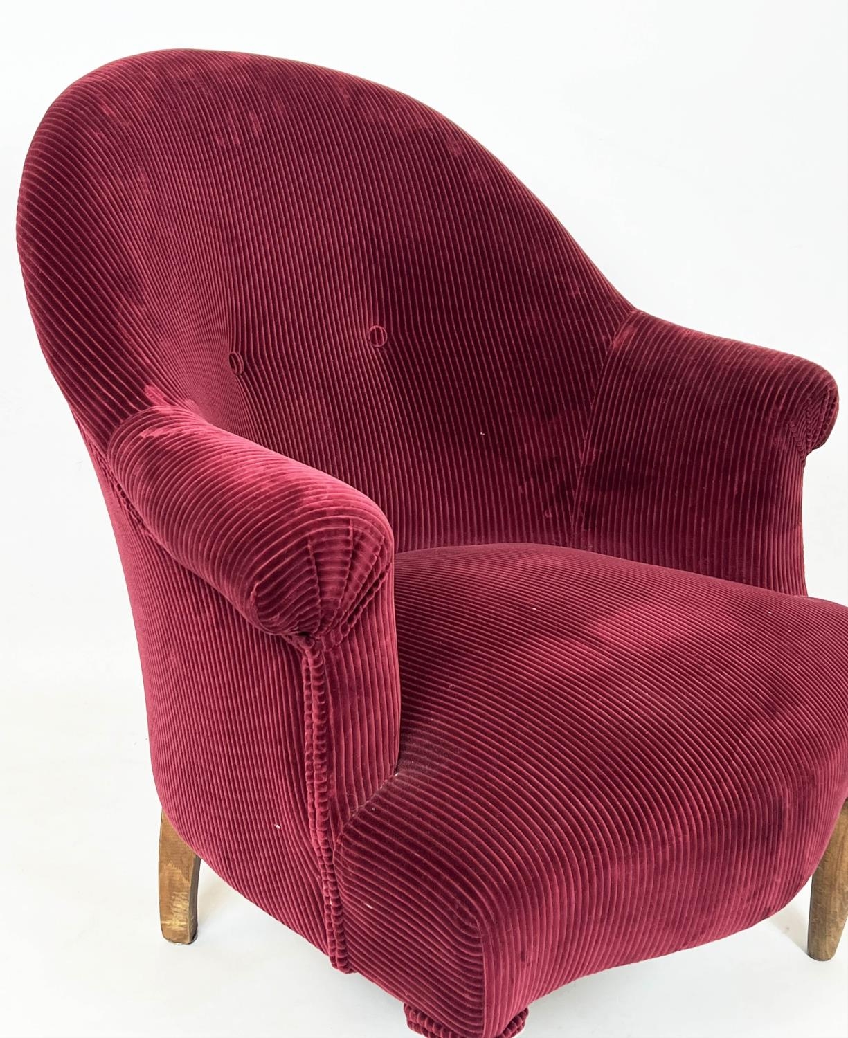 BERGERE, 83cm H x 77cm W, mid 20th century Beechwood in Pierre Frey red corduroy. - Image 2 of 3