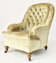 ARMCHAIR, corded and buttoned velvet with arched back and turned front supports, 67cm W.