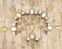 WALL LIGHTS, 59cm x 28cm x 13cm approx, a set of six, gilt with mirrored detail, each two branch. (