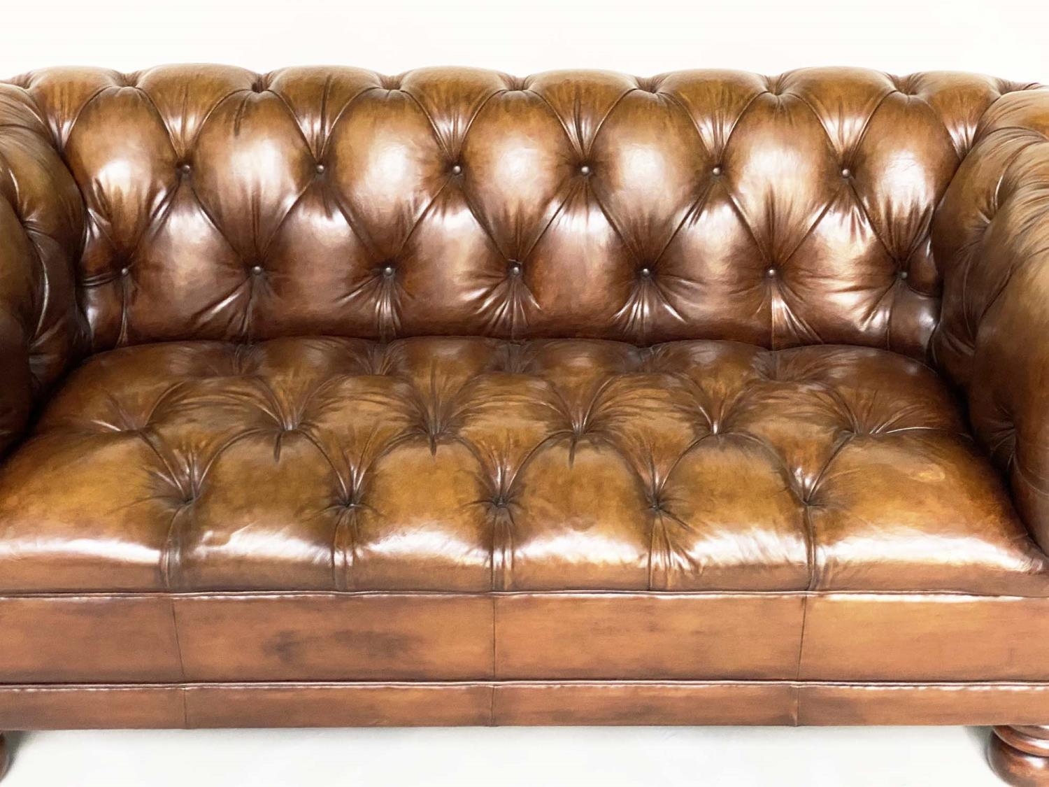 CHESTERFIELD SOFA, vintage natural mid brown deep buttoned leather, 180cm W. - Image 7 of 8