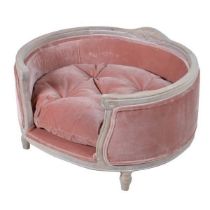 DOG BED, 41cm high, 75cm wide, 66cm deep, pink velour upholstery, limed frame, turned feet