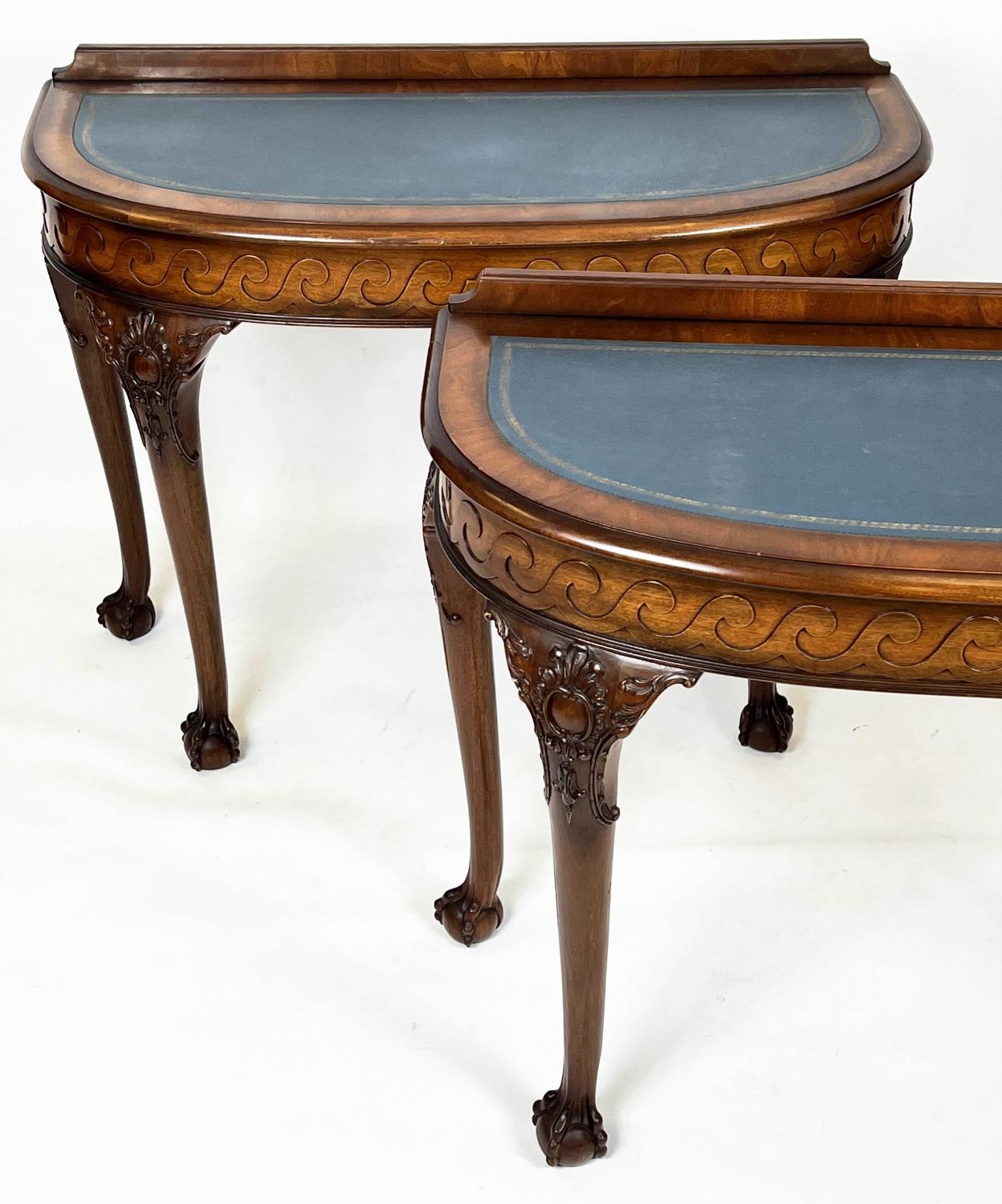 DEMI LUNE SIDE TABLES, 80cm H x 103cm x 43cm, George II style mahogany with blue leather tops. (2) - Image 3 of 3