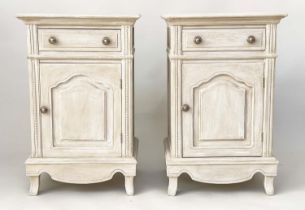 BEDSIDE CABINETS, a pair, French Louis XV style traditionally grey painted each with drawer and