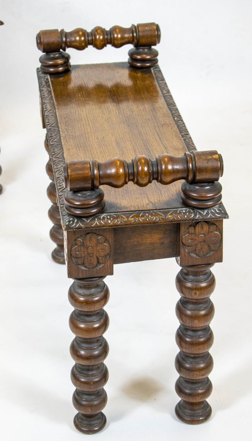 HALL BENCHES, a pair, Victorian oak each with shaped frieze and raised turned bolster arms, 64cm x - Image 4 of 6