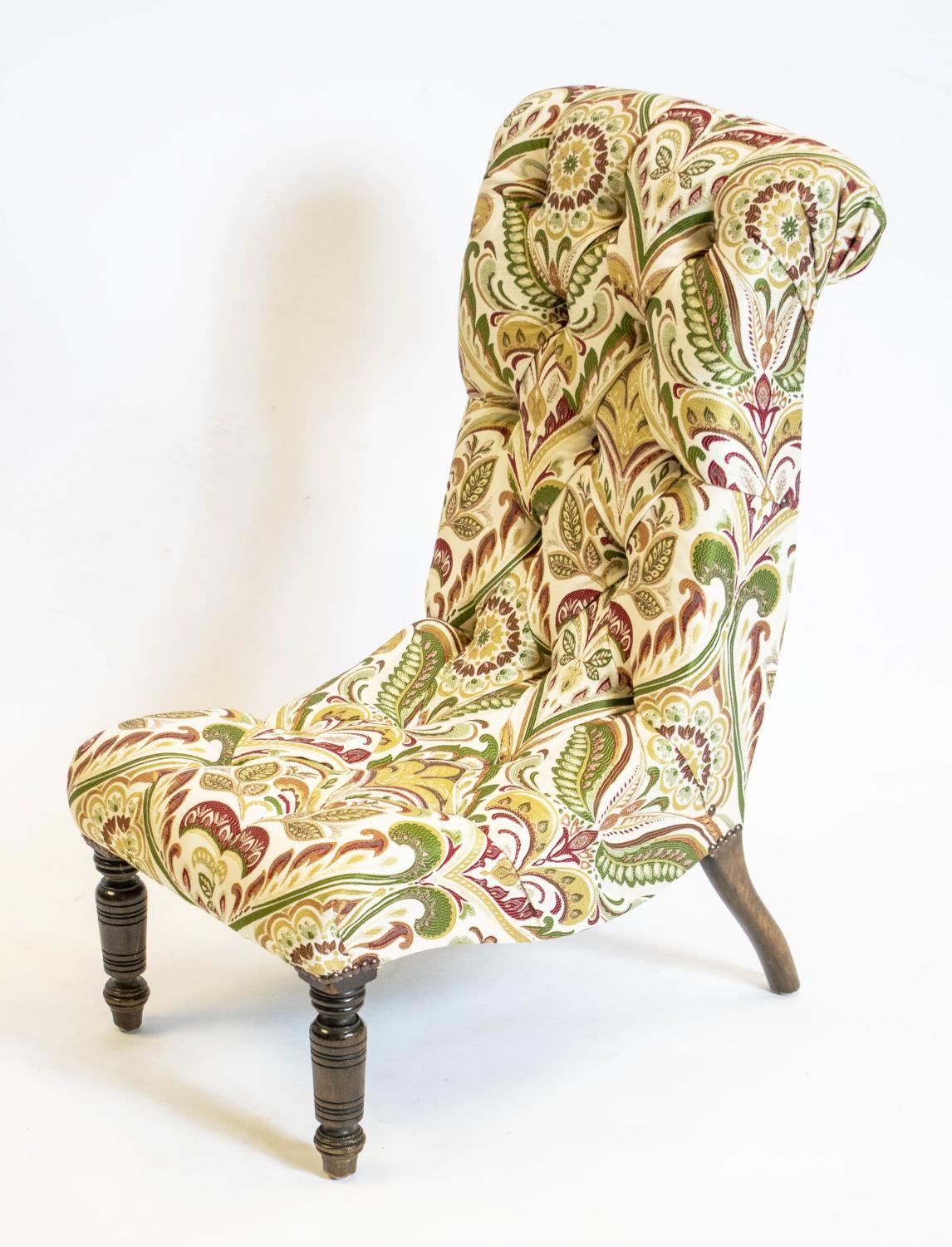 SLIPPER CHAIR, 80cm H x 40cm, Victorian beechwood in buttoned foliate patterned material.