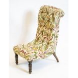 SLIPPER CHAIR, 80cm H x 40cm, Victorian beechwood in buttoned foliate patterned material.