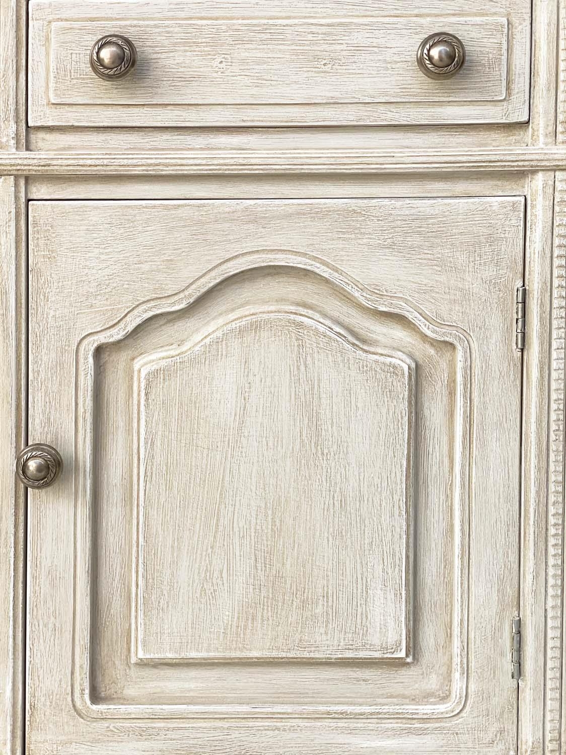 BEDSIDE CABINETS, a pair, French Louis XV style traditionally grey painted each with drawer and - Image 5 of 9