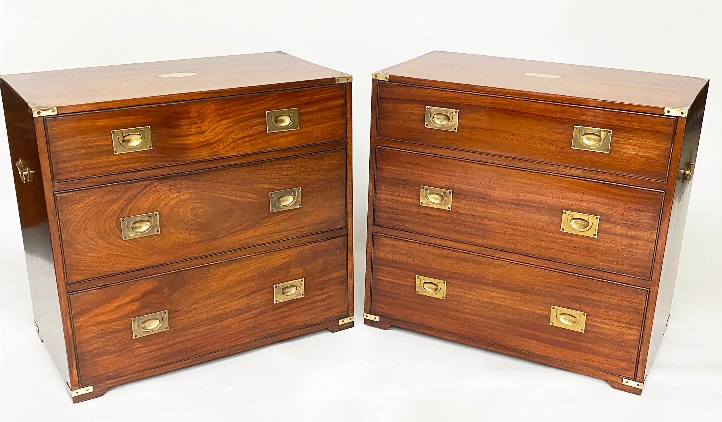 CAMPAIGN STYLE CHESTS, a pair, mahogany and brass bound each with three drawers, 80cm W x 45cm D x - Image 8 of 10