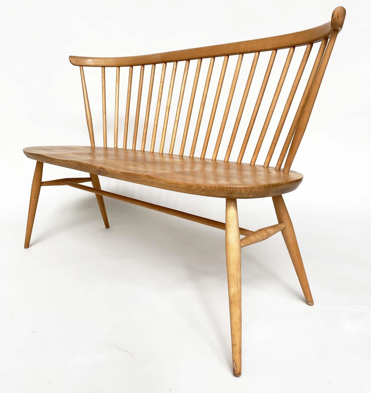 'ERCOL' HALL BENCH, 1970s beech and elm with slightly arched spindle-back attributed to 'Ercol', - Image 3 of 9