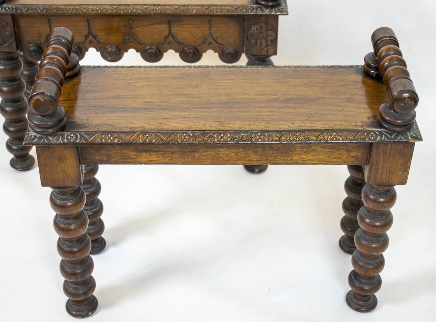 HALL BENCHES, a pair, Victorian oak each with shaped frieze and raised turned bolster arms, 64cm x - Image 6 of 6