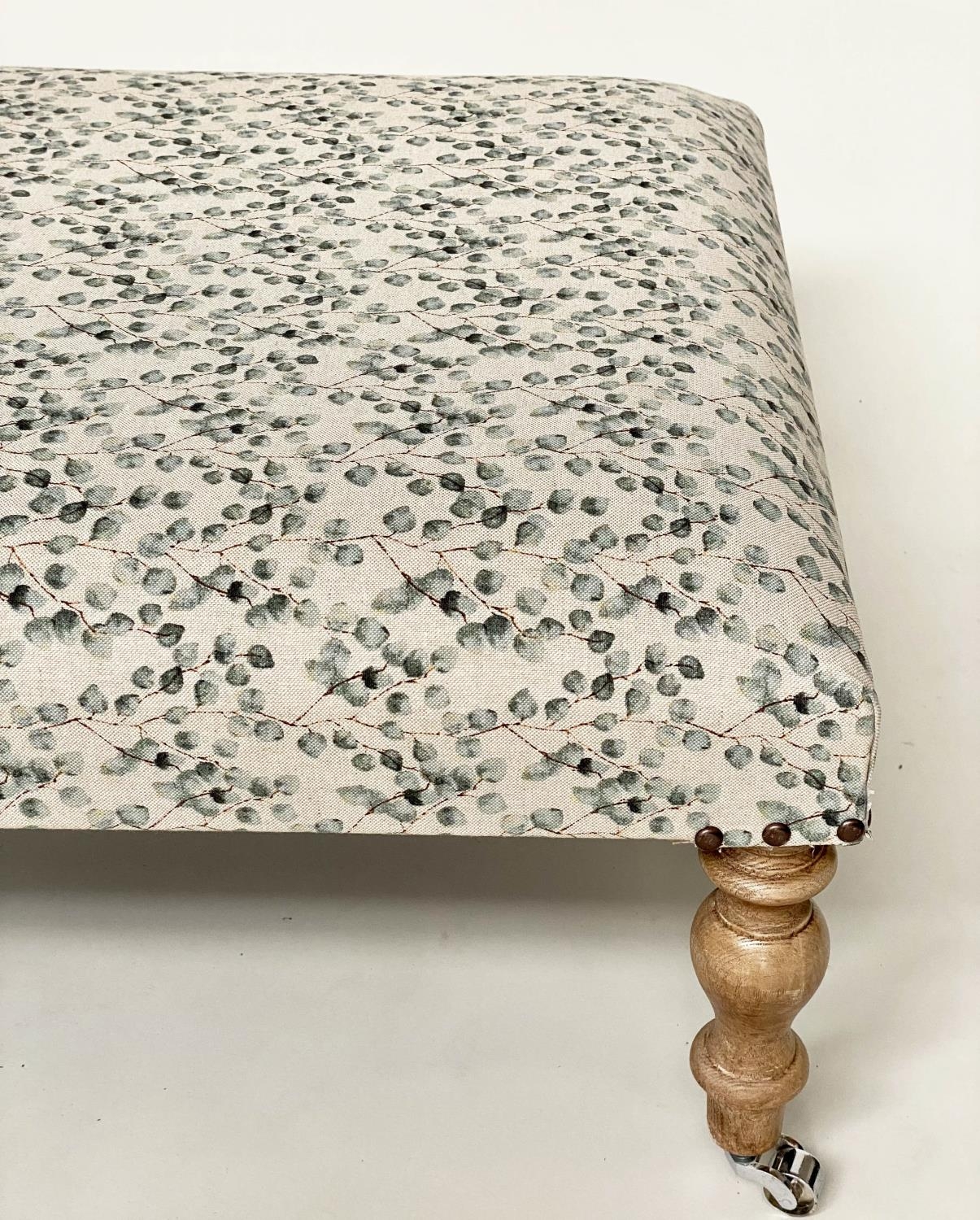 HEARTH STOOL, country house style rectangular eucalyptus printed linen upholstered and turned - Image 4 of 8