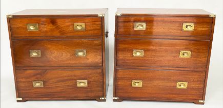 CAMPAIGN STYLE CHESTS, a pair, mahogany and brass bound each with three drawers, 80cm W x 45cm D x