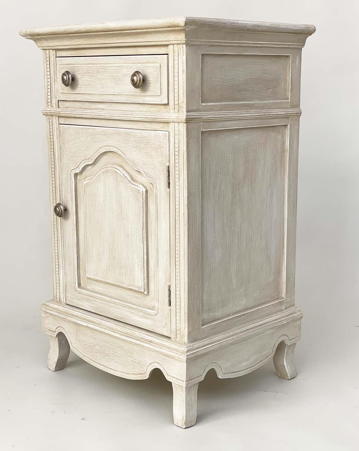 BEDSIDE CABINETS, a pair, French Louis XV style traditionally grey painted each with drawer and - Image 4 of 9