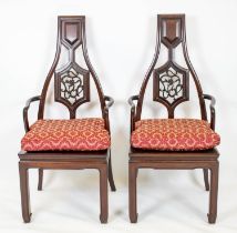 ARMCHAIRS, 109cm H x 51cm W, a pair, Chinese rosewood with red squab cushions. (2)