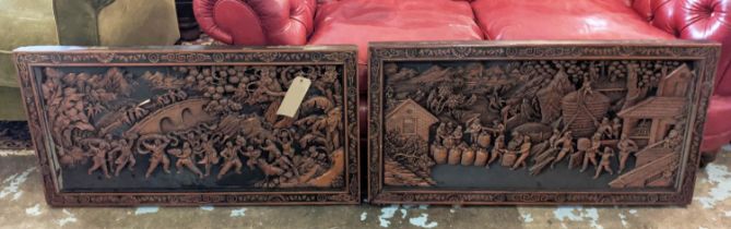 CHINESE PANELS, a pair, each 103cm W x 51cm D, each heavily carved depicting figural agricultural