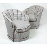 TUB CHAIRS, 76cm H x 72cm W, a pair, Art Deco design in blue and white ticking with brown piping