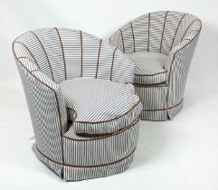 TUB CHAIRS, 76cm H x 72cm W, a pair, Art Deco design in blue and white ticking with brown piping