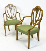 ARMCHAIRS, 92cm H x 55cm W, a pair, Sheraton style painted with green stuffover seats. (2)