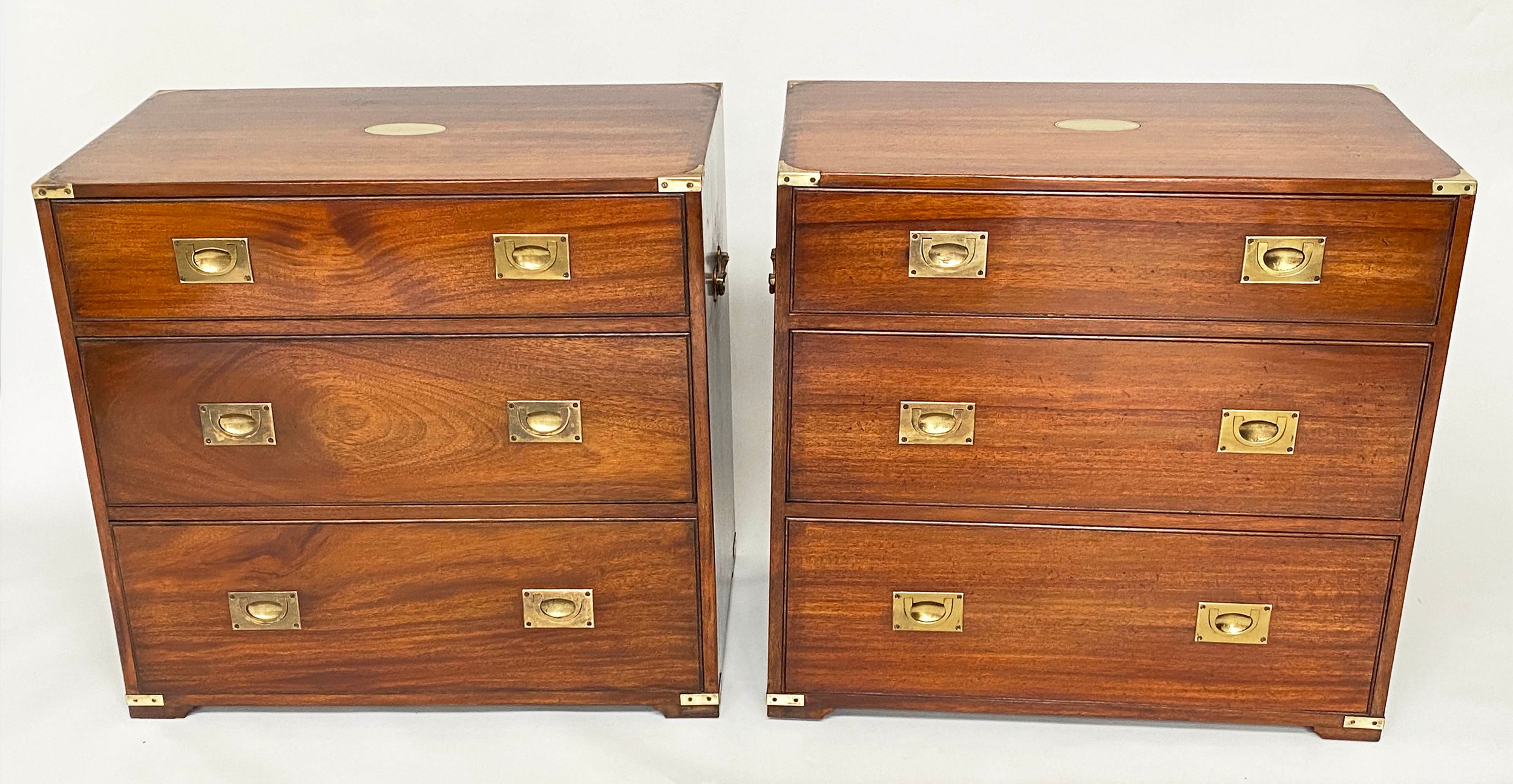 CAMPAIGN STYLE CHESTS, a pair, mahogany and brass bound each with three drawers, 80cm W x 45cm D x - Image 9 of 10