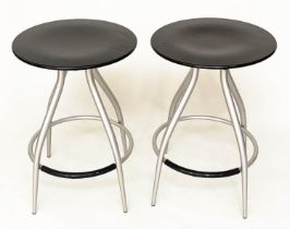 CALLIGARIS BAR STOOLS, a pair, circular ash seats and metal frames with footrests, 60cm H x 41cm. (