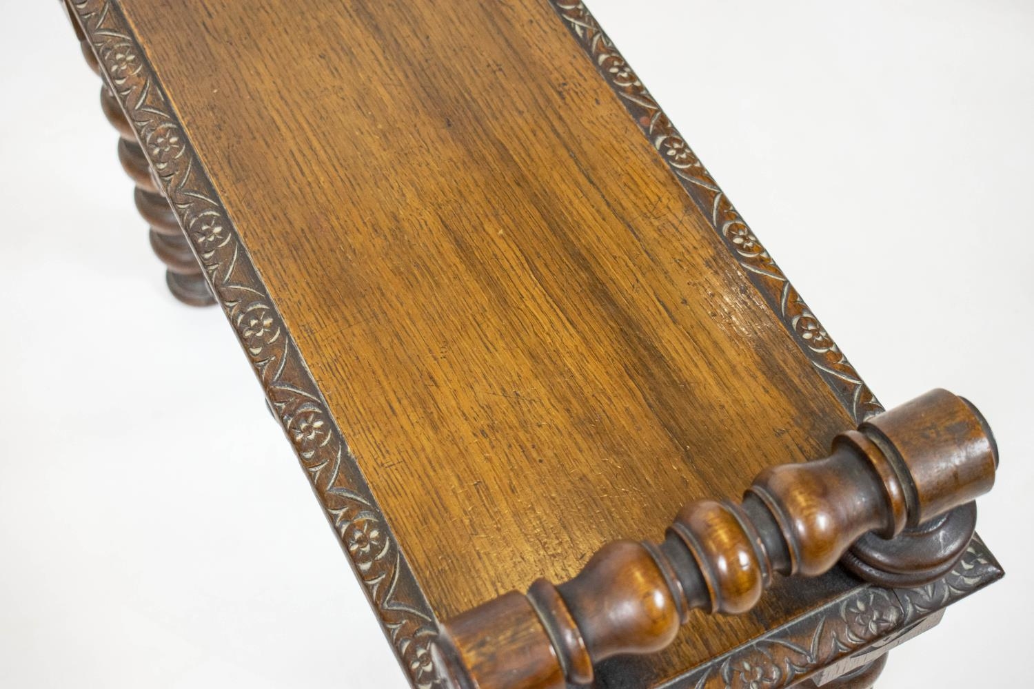 HALL BENCHES, a pair, Victorian oak each with shaped frieze and raised turned bolster arms, 64cm x - Image 5 of 6